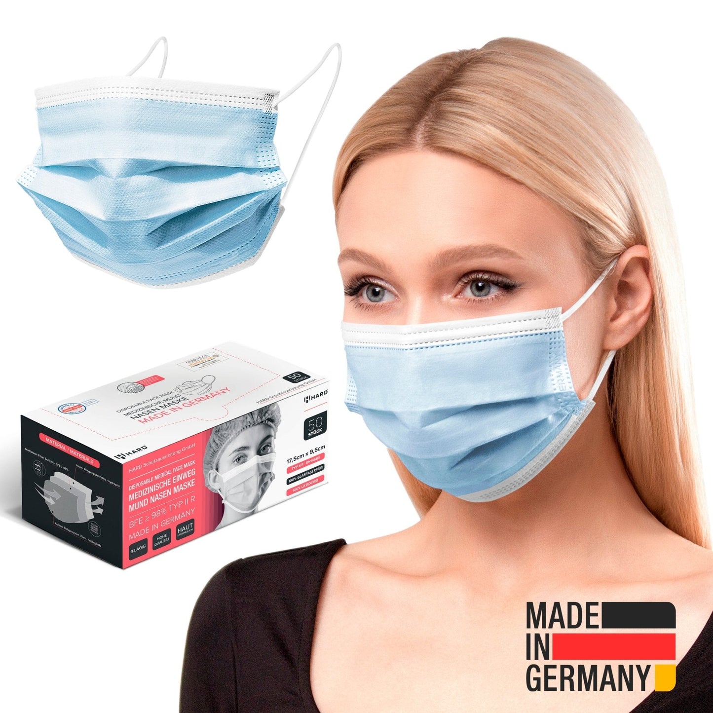 HARD 50x Medizinischer Mundschutz für Erwachsene STANDARD 100 by OEKO-TEX CE-zertifiziert nach EN14683 - Hard-Germany